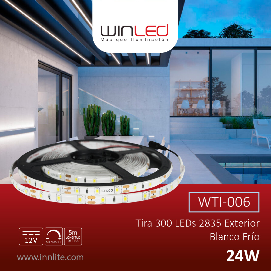 Tira LED Blanco Frío 300-LED Chip 2835 5Metros 12v 24w IP65 WTI-006